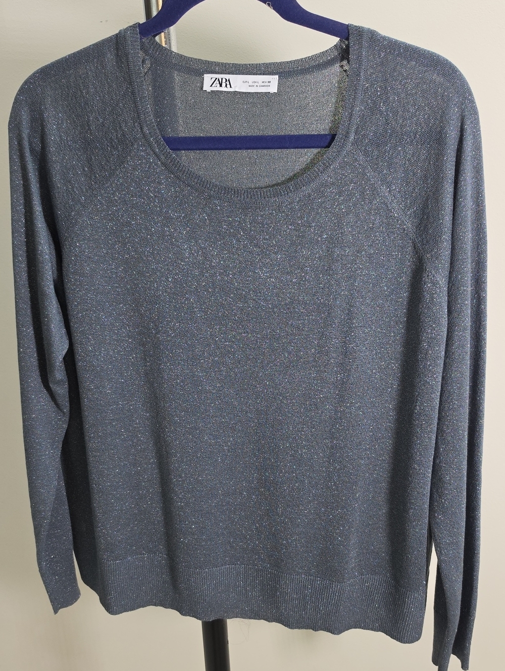 Zara Metallic Heather Gray Scoop Neck Sweater